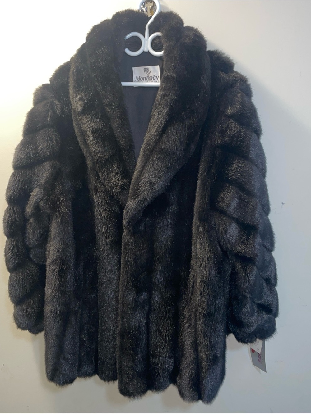 Vintage Monterey Fashions Faux Fur Coat 3X Black Brown Plush Made USA